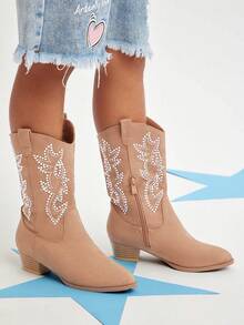 Mini mi #StarryWest Kids' Block Heel Snip Toe Rhinestone Stitch Pu Tan Cowboy Boots– Sparkly Rhinestone Decor & Classic Pull-On Design - Maroon - View 4