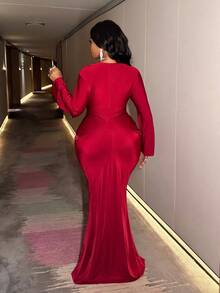 Slaydiva Váy đầm nữ cỡ lớn thu đông 2025, đầm cocktail ôm sát tay dài cổ chữ V thanh lịch, thích hợp cho buổi hòa nhạc nhạc đồng quê, khách dự tiệc cưới, đêm hẹn hò, ngày lễ tình nhân, tiệc trang trọng - Đỏ - Xem 9