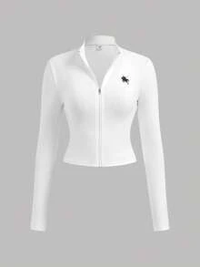 SHEIN Teen Girl Knight Print Long Sleeve Zip Collar Fitted T-Shirt - Black and White - View 10