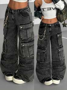 StreetHx 女式休闲做旧宽松多口袋工装牛仔裤 - 黑色 - 查看 1