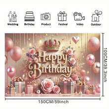 1pc Pink Floral Balloon Birthday Party Background With Crown Pearl Gift Box Design, Princess Birthday Party Background Cloth, Cake Table Decor, Photography Backdrop, Polyester Banner - Apricot - View 5