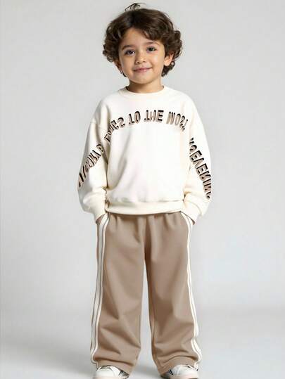JNSQ Ensemble décontracté pour jeune garçon avec Sweat-shirt à manches longues à col rond et épaules tombantes avec imprimé lettres et pantalon de survêtement