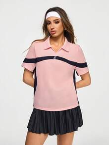 SHEIN Sovereign Charm Camisa polo deportiva de mujer con bloques de color rosa y azul marino, top deportivo de manga corta, ropa deportiva casual de golf y tenis, tenis rosa, tops de tenis, camisa de tenis - Rosa - Ver 1