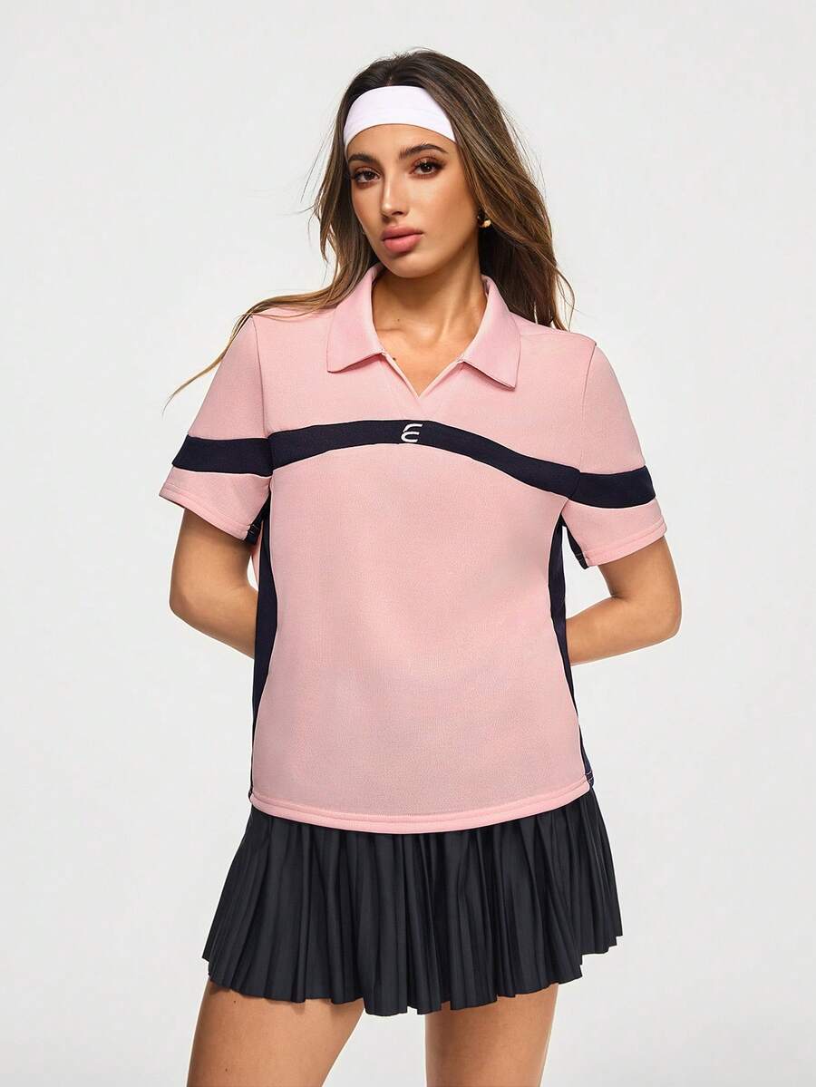 SHEIN Sovereign Charm Camisa polo deportiva de mujer con bloques de color rosa y azul marino, top deportivo de manga corta, ropa deportiva casual de golf y tenis, tenis rosa, tops de tenis, camisa de tenis - Rosa - Ver 1