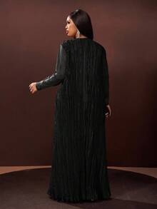 Veslaya Hàng mới về Thu/Đông, Thanh lịch & Dự tiệc & Hẹn hò & Buổi tối & Lễ tốt nghiệp & Sinh nhật & Đám cưới, Đầm maxi dài tay xếp ly dáng chữ A màu xanh lá cây trơn, phối lưới, cỡ lớn - A - màu đen - Xem 2