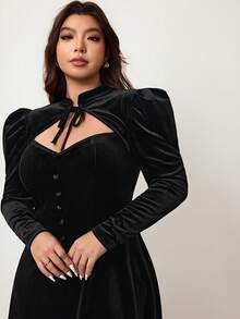 Enliva 加大码丝绒羊腿袖连衣裙，立领，蝴蝶结，秋冬/圣诞节女士优雅派对礼服，适合圆润身材，苹果型身材亦可驾驭，情人节、爱情、礼物、浪漫、情人节快乐、2026、新年装扮/2026/新年 - 黑色 - 查看 5