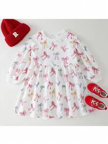 THE HAPPY LOOK Young Girl Bow Knit Soft Round Neck Long Sleeve Waist Cinched Dress - Multicolor - View 1