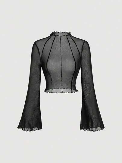 SHEIN MOD Plus Size Women Black Sheer Mesh Contrast Stitching Bell Sleeve Blouse,Black Top, Costume Plus, Outfits,Fall Women Dresses,Bell Sleeve Top.Stylish Women's See-Through Top With Flared Sleeves And Frill Details Tight Fit Mesh Shirt.Spring/Summer Outfits