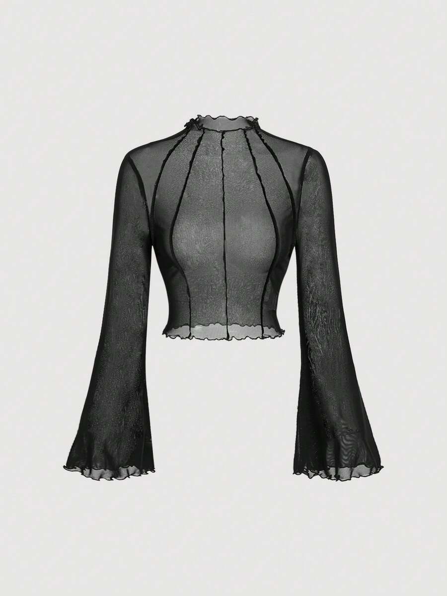 SHEIN MOD 大码女式黑色透视网纱撞色拼接喇叭袖衬衫，黑色上衣，加大码服装，套装，秋季女装，喇叭袖上衣 - 黑色 - 查看 1