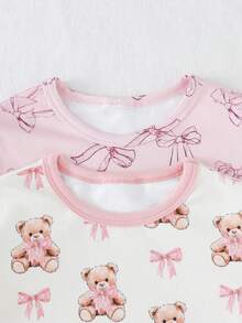 THE HAPPY LOOK 4pcs Young Girl Cartoon Bear Pattern Knit Soft Crew Neck Long Sleeve Top And Elastic Waist Long Pants Snug Fit Pajama Set Toddler Sleepwear Girl Sleep Wear Matching Pajama Set Bows For Kids Kids Pj Sets - Multicolor - View 3