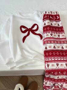 SHEIN Unity 1 Stück Weihnachtsparty Sweatshirt mit Schleifen-Muster in Rot & Weiß, thermisch gefüttert, Langarm und 1 Stück Weihnachtsbaum & Hirsch Plüsch Loungewear Set mit Kordelzug für Damen - Verschiedenfarbig - Übersicht 3
