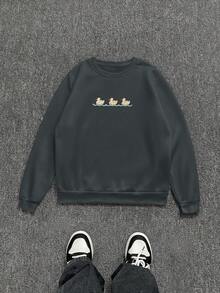 INAWLY Áo nỉ thêu hình vịt cổ tròn tay dài thường ngày cho nữ, Thu/Đông - Màu xám đen - Xem 4