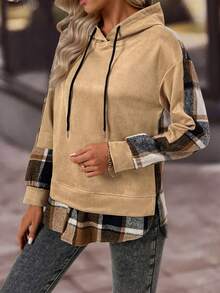 EMERY ROSE 女式格子拼接长袖休闲抽绳连帽运动衫 - 黃色 - 查看 6