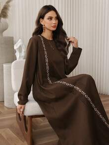 Al Najma Women's Vintage Casual Daily Wear Round Neck Long Sleeve Maxi Arabian Dress - Brown - View 4