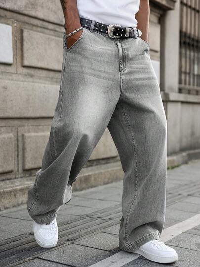 GALLERY FADE Men's Light Grey Casual Wide Leg Loose Fit Denim Jeans Going Out Urban Hang Out Vacation Work