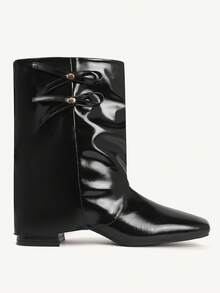 CUCCOO CHICEST Women's Autumn/Winter New Arrival Metal Bow Square Toe Block Heel Elegant Sweet Commute Casual Fashion Personalized Comfortable Black Faux Leather Patent Leather Ankle Boots, Suitable For Afternoon Tea, Date, Fashion Party, Workplace, Collegiate, Streetwear,, Basic Versatile, Christmas, Thanksgiving, New Year - Black - View 2