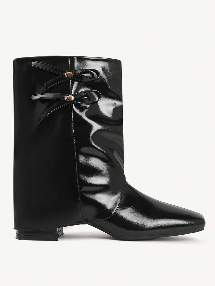 CUCCOO CHICEST Women's Autumn/Winter New Arrival Metal Bow Square Toe Block Heel Elegant Sweet Commute Casual Fashion Personalized Comfortable Black Faux Leather Patent Leather Ankle Boots, Suitable For Afternoon Tea, Date, Fashion Party, Workplace, Collegiate, Streetwear,, Basic Versatile, Christmas, Thanksgiving, New Year