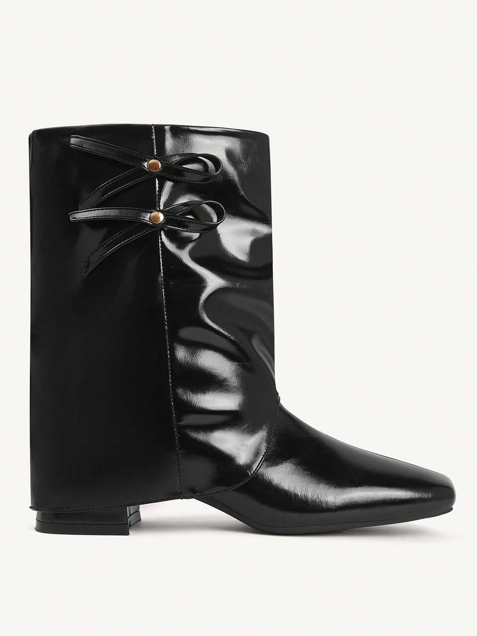 CUCCOO CHICEST Women's Autumn/Winter New Arrival Metal Bow Square Toe Block Heel Elegant Sweet Commute Casual Fashion Personalized Comfortable Black Faux Leather Patent Leather Ankle Boots, Suitable For Afternoon Tea, Date, Fashion Party, Workplace, Collegiate, Streetwear,, Basic Versatile, Christmas, Thanksgiving, New Year