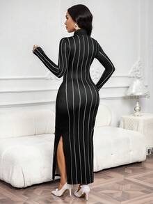 SHEIN Lady 女士时尚通勤条纹印花侧开衩修身长裙 - 黑色 - 查看 2