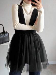 FRIFUL 女士深V领网纱拼接荷叶边下摆无袖针织上衣，秋冬款 - 黑色 - 查看 3