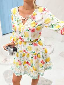 Vivid Eden Spring/Summer Outings, Holiday Dates, Spring/Summer Casual Vacation V-Neck Tie-Waist A-Line Fruit Print Long Dress, Holiday Summer Beach Dress, Back To School Outfit, Very Simple Outfit, Women's Country Style, Office Wear, Old Money Style, Teacher's Outfit, Date Outfit, Graduation Season, Women's Dresses, Spring/Es, Long-Sleeved Dresses Lemon Dress Women Boho Summer Dress Women Women Vacation Dress - Multicolor - View 7