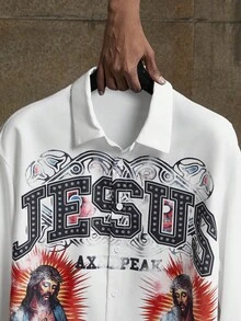 AXEPEAK Camisa Casual Masculina Estampa JESUS Fit Solto Manga Longa