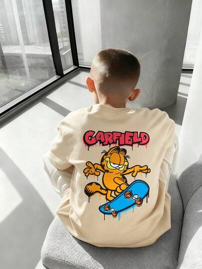 GARFIELD | SHEIN T-shirt à manches courtes d'été pour garçon pré-adolescent, imprimé de chat de bande dessinée et de lettres, casual