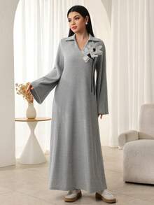 Al Najma 女士灰色花卉印花长袖翻领优雅阿拉伯连衣裙 - 灰色 - 查看 5