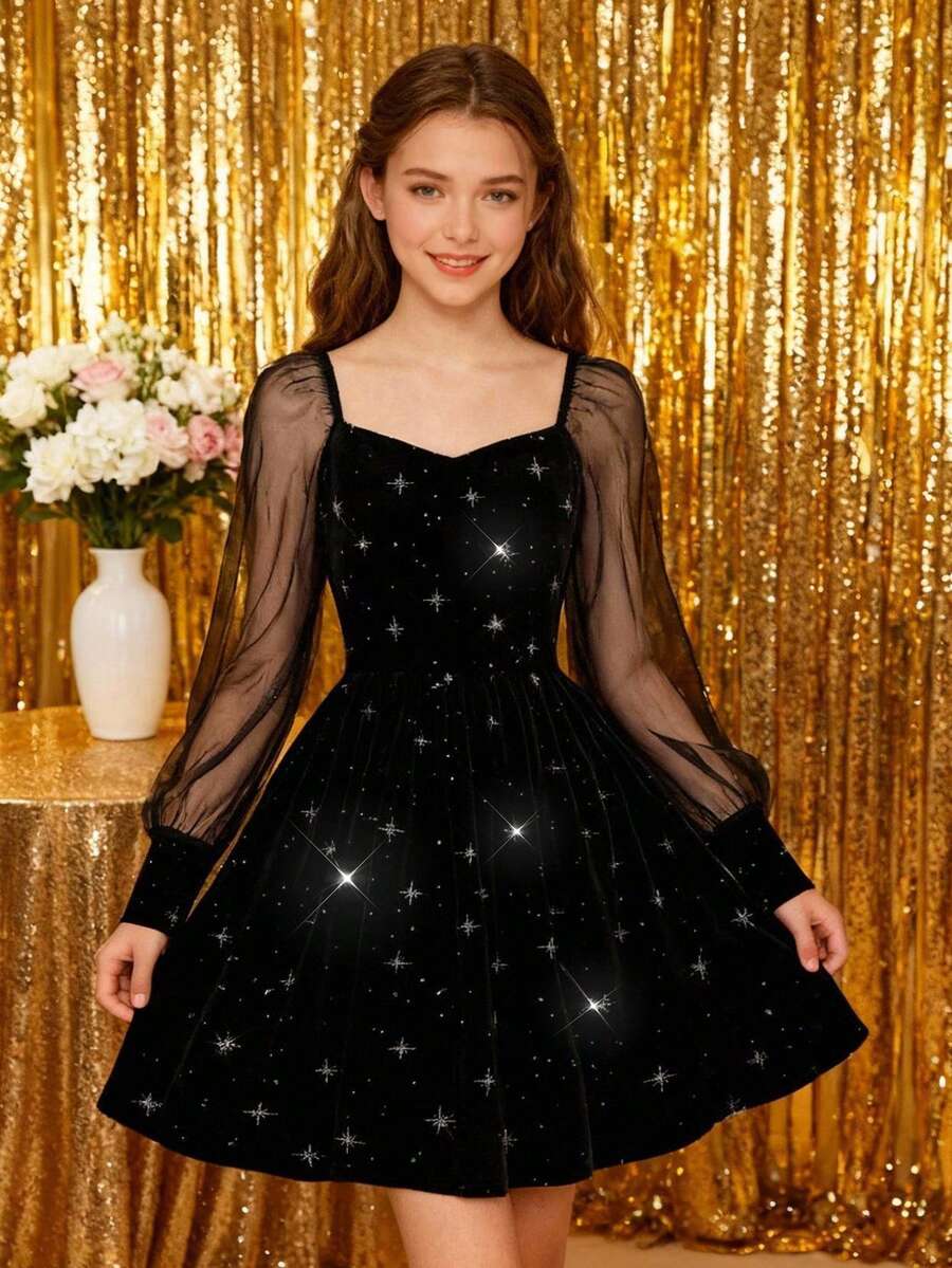 Pitira Teen Girls Glitter Silver Star Print Velvet Black Slim Fit Mini Dress With Spliced Mesh Puff Long Sleeves, Autumn/Winter Party Sun Hem Dress, Gorgeous - Black - View 1