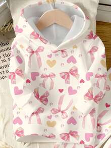 舒适秋冬女童休闲时尚创意个性清新简约可爱蝴蝶结、爱心、珍珠印花连帽衫和运动裤套装，舒适儿童家居服女童家居服套装睡衣儿童女童冬季睡衣 - 彩色 - 查看 4