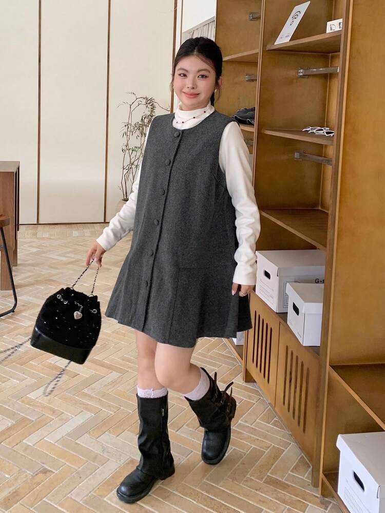 Dazy Plus Vestido corto casual sin mangas de tela de lana gruesa para mujeres de talla grande