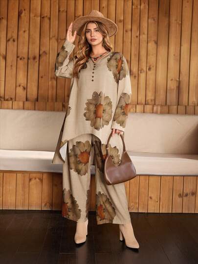 EMERY ROSE Plus Size Floral Print V-Neck Long Sleeve Top And Pants Casual 2-Piece Set Winter Clothes For Women Cozy Fall And Winter Clothes For Women Country Style For Women Country Style For Women Country Concert Outfit