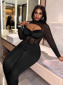 Slaydiva Nuevo mono elegante y sexy de punto elástico con cintura ceñida, cuello hueco de malla y parches para fiestas, reuniones, citas, despedidas de soltera, cumpleaños y carnavales callejeros, para mujeres de talla grande - Negro - Ver 5