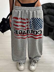 StreetHx Women's Oversized Y2K Sporty Drawstring Wide Leg Sweatpants, Casual College Style, Grey With Flag Logo Print, Autumn/Winter - Light Grey - View 5