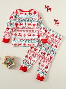 3 件套儿童男童驯鹿和圣诞树印花圆领长袖 T 恤和柔软睡裤睡衣套装，休闲家居服，秋冬