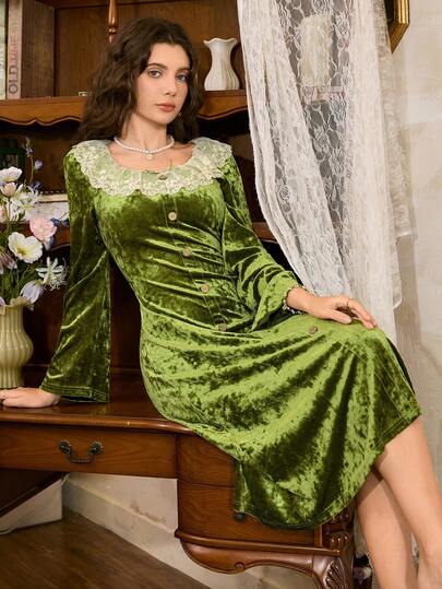 Côtesoire Elegante French Romantic Kanten Ruffle Splice Fluwelen Button Women Nightgown Groen Dress