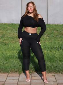MelDlgn Plus Size Patch Ribbed Leggings Fall Cloth For Women - Black - View 1