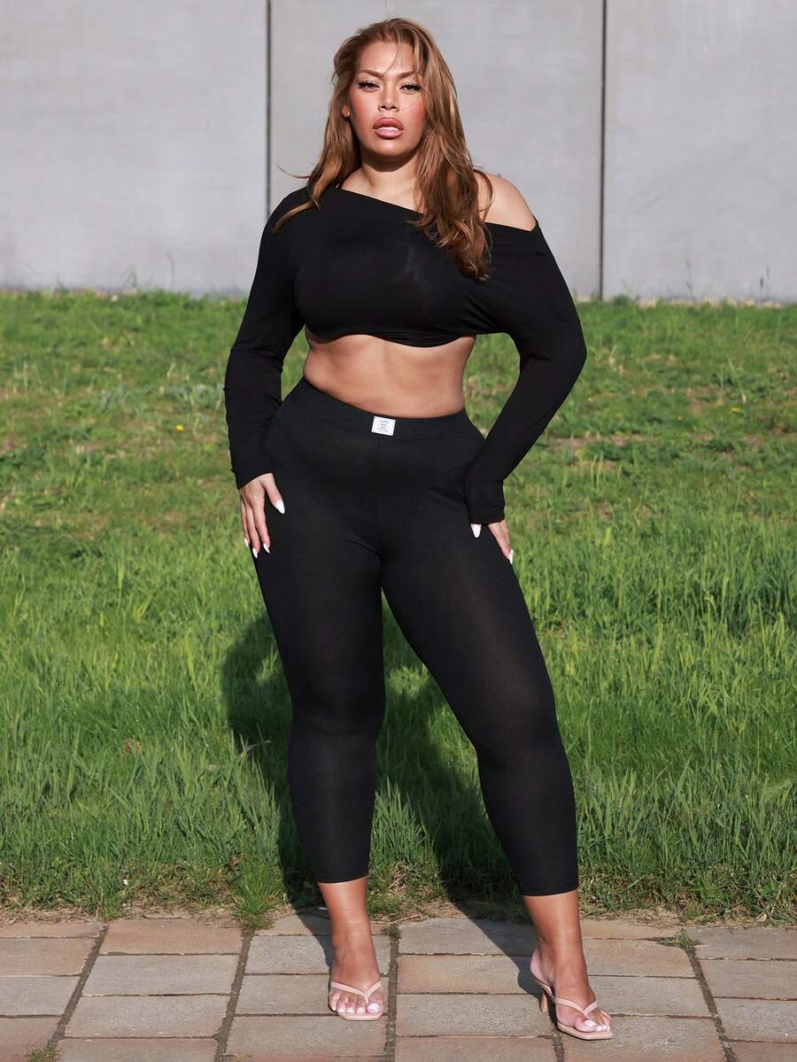 MelDlgn Plus Size Patch Ribbed Leggings Fall Cloth For Women - Black - View 1