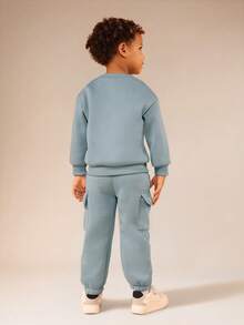 SUMWON Bộ đồ nỉ có mũ và quần jogger màu xanh nhạt cho bé trai in chữ Sports Club - Màu xanh nhạt - Xem 2