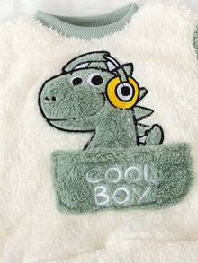 SHEIN 两件套男婴卡通恐龙图案罗纹圆领长袖上衣和柔软抓绒睡裤套装，适合秋冬季穿着，舒适保暖。 - 綠色 - 查看 4