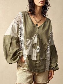 Bohemela 休闲针织拼接V领长袖宽松女式卫衣，冬季女装，舒适休闲 - 彩色 - 查看 3