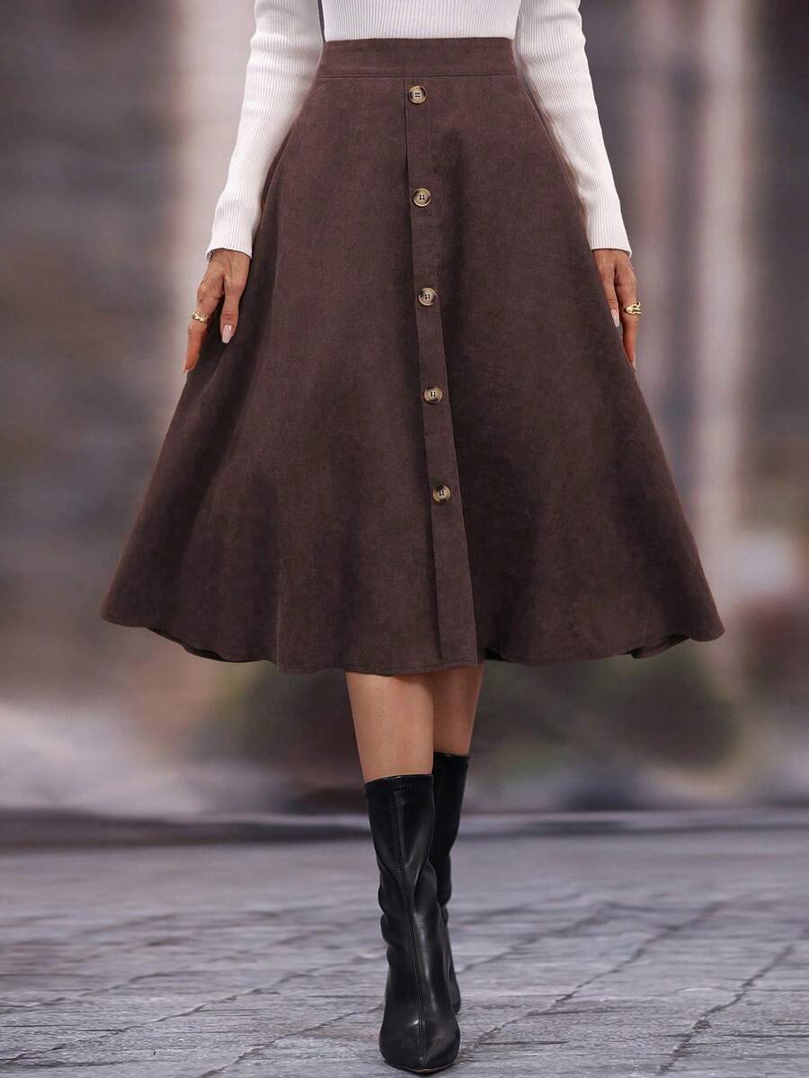 SHEIN LUNE 纯色纽扣装饰休闲高腰时尚半身裙 - 咖啡棕 - 查看 1