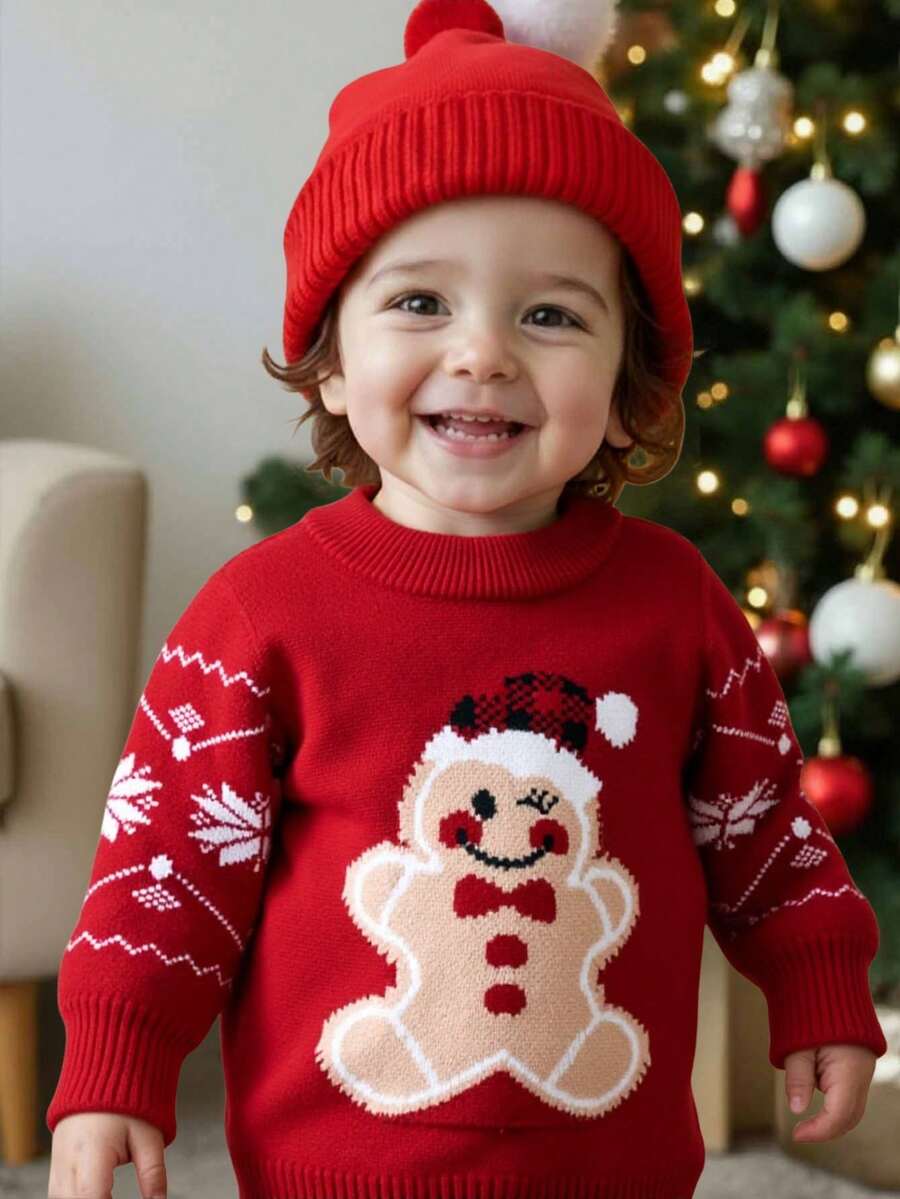SHEIN Áo len Giáng sinh đỏ Unisex cho bé, Áo chui đầu cổ tròn dệt kim Jacquard hình người bánh gừng và bông tuyết, Quần áo mùa đông dễ thương cho bé, Giáng sinh đầu tiên của tôi - Nhiều màu - Xem 1