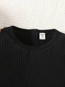 SHEIN 少女休闲日常可爱优雅针织拼接格子不对称黑色连衣裙，女童黑色连衣裙，适合圣诞节、新年、生日派对、返校季等场合 - 黑色 - 查看 6