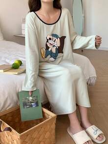 DAZY Autumn/Winter Brushed Cartoon Dog Pattern Loose Fit Long T-Shirt Style Women Sleep Dress, Moo Moo Night Dress - Green - View 4