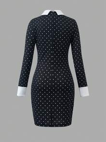 Váy dài tay ôm sát họa tiết chấm bi cổ điển tương phản dành cho bé gái tuổi teen - màu đen - Xem 2