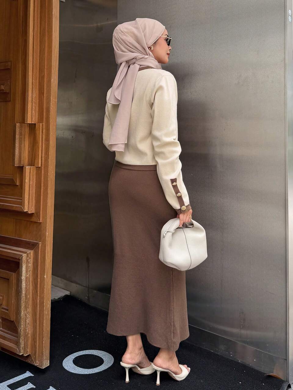 Women's Elegant Contrast Color Cardigan & Skirt 2 Pieces Set, Autumn Modest Fashion Long Sleeve Tops