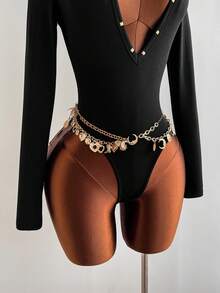 EgrlEra Black High Stretch Knit Fabric Rhinestone Decor Deep V Bodysuit For Women, Autumn/Winter , Minimalist Versatile, Sexy Retro Chic, Suitable For Party, Date, Casual Daily Wear - Black - View 6