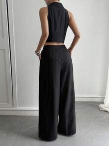 DAZY Women's Striped Open Front Casual City Sleeveless Blazer, Summer Business Attire - Black - View 5