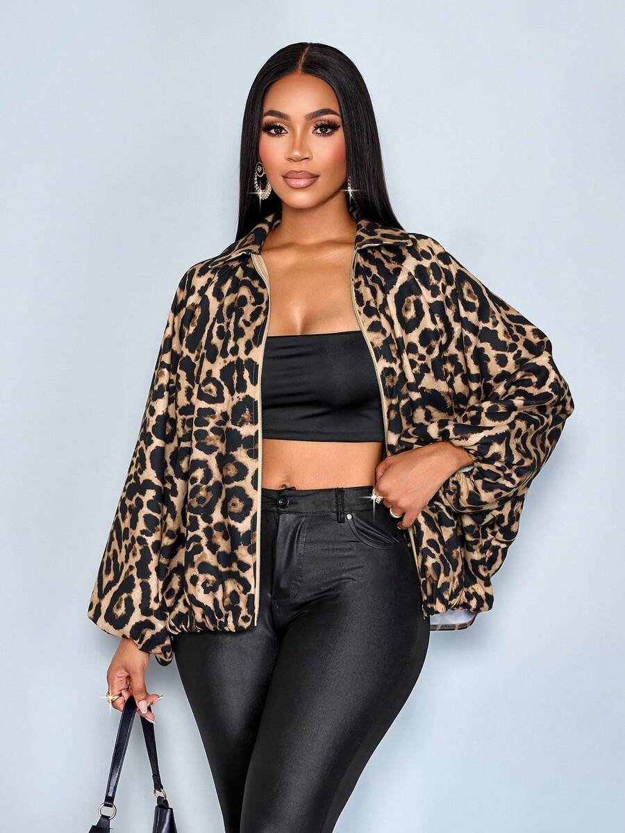 SOLERSUN Women's Elegant Leopard Print Brown Checkered Zip-Up Oversized Bomber Jacket,Raglan Sleeve Fall/Winter Chic Outerwear Coat,Autumn Night Out Style - Brown - View 1